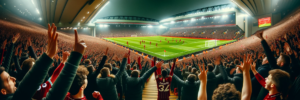 A wide-angle view of Anfield stadium during a night football match, capturing Liverpool FC players celebrating a goal