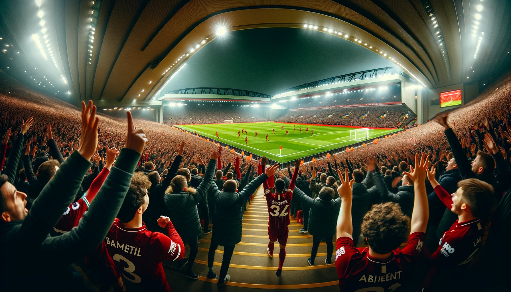 A wide-angle view of Anfield stadium during a night football match, capturing Liverpool FC players celebrating a goal